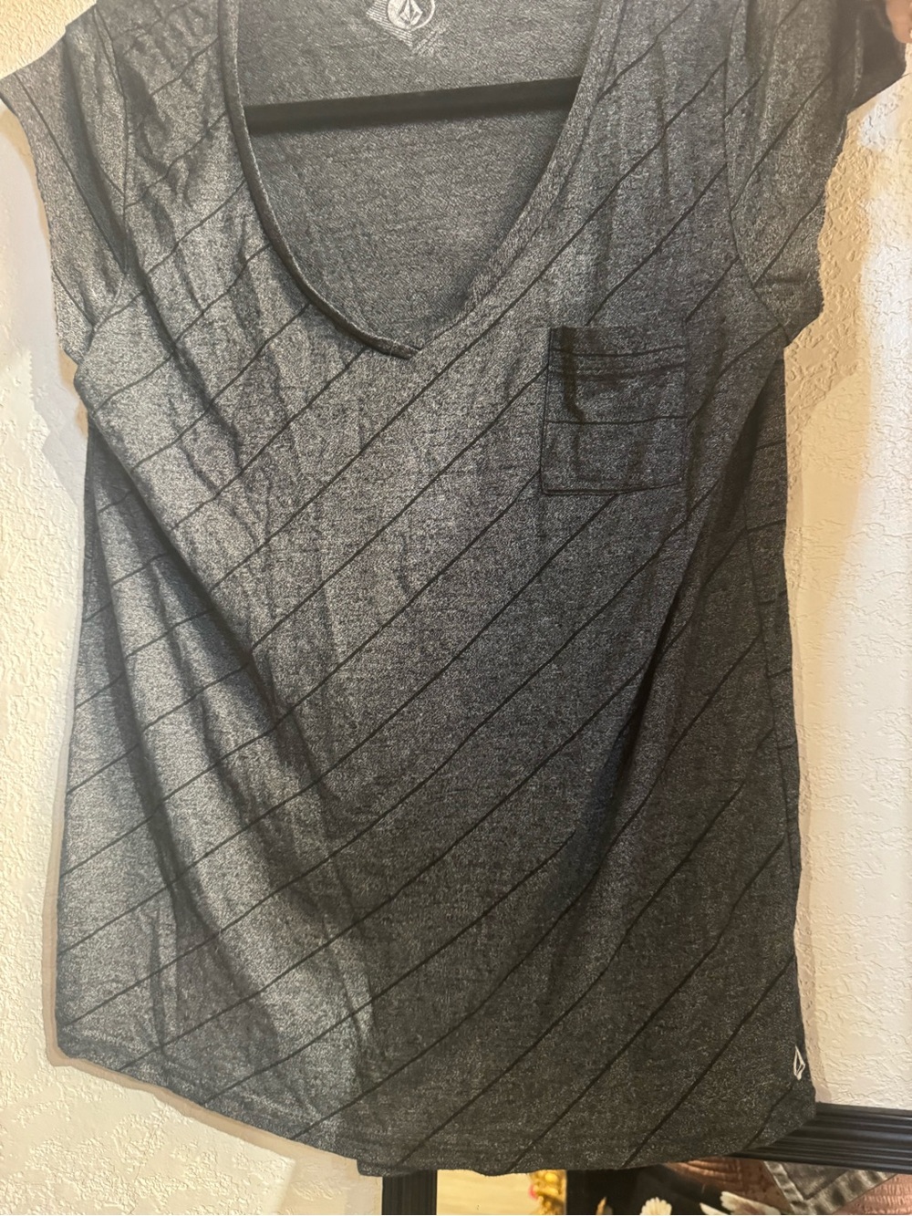 Volcom Women's Dark Heather Gray V-Neck Pocket Tee with Diagonal Stripe